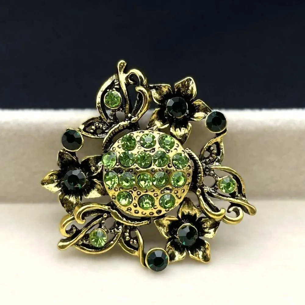 Yellow Gold with Emerald and Peridot Green Crystal Flower Pin Back Brooch